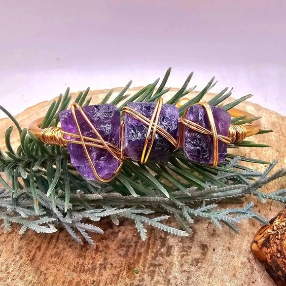 Nature Amethyst Polished Stone Wire Wrapped Cuff Bangle - Picture 8 of 10